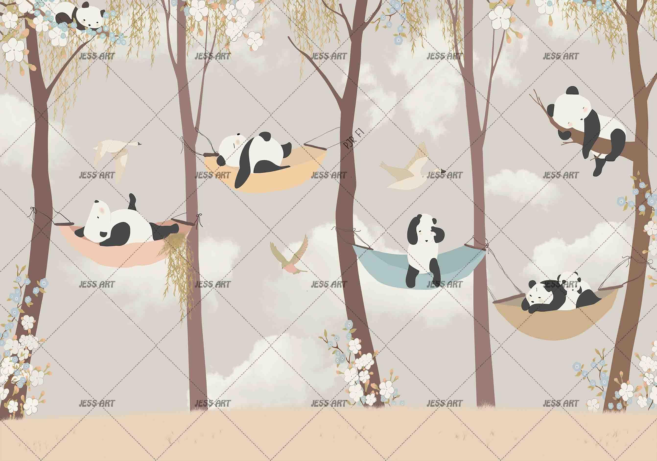 3D Cartoon Panda Tree Wall Mural Wallpaper WJ 2027- Jess Art Decoration