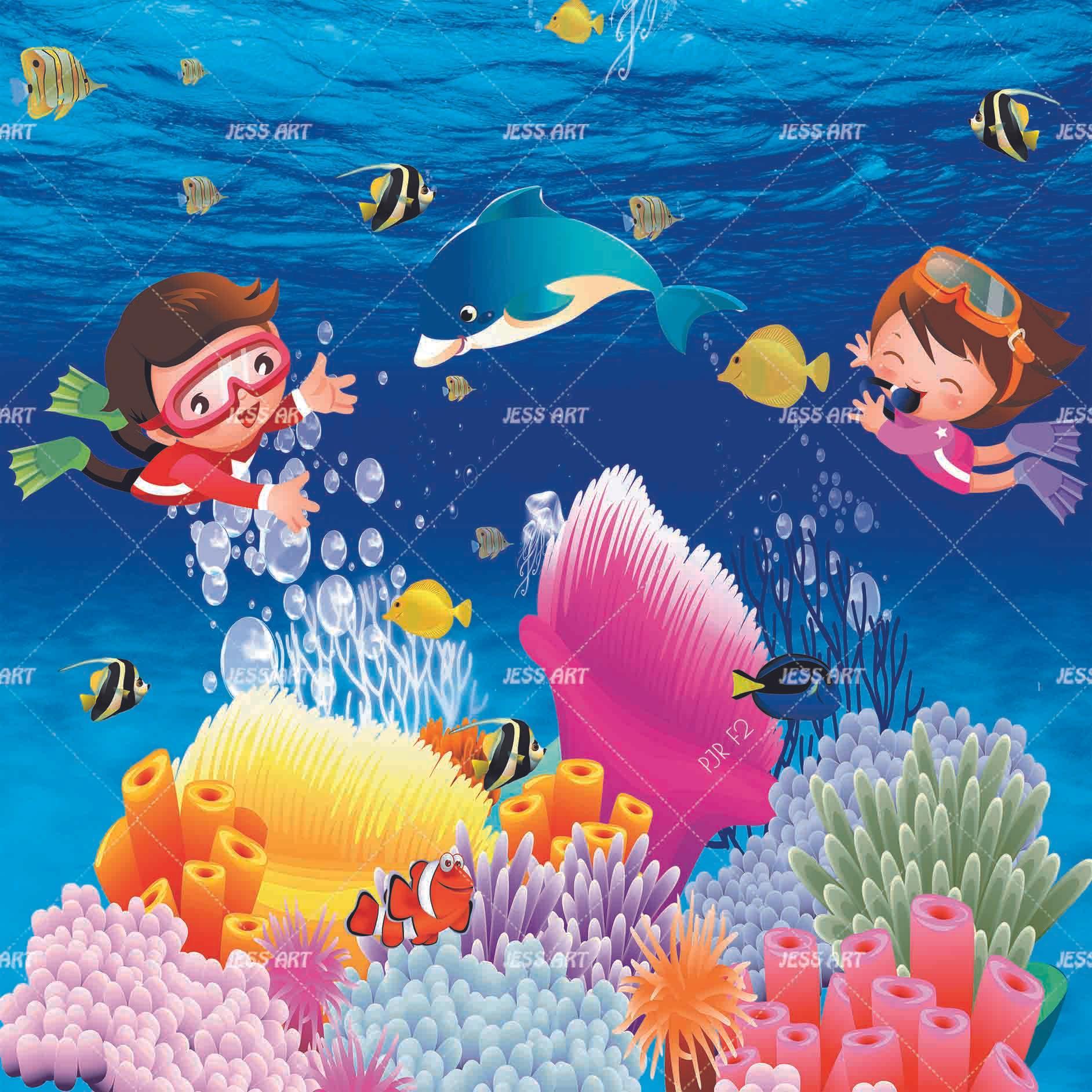 3D Diving Sea Kids cartoon scuba diving sea mural wall mural wallpaper for kids room - view 5