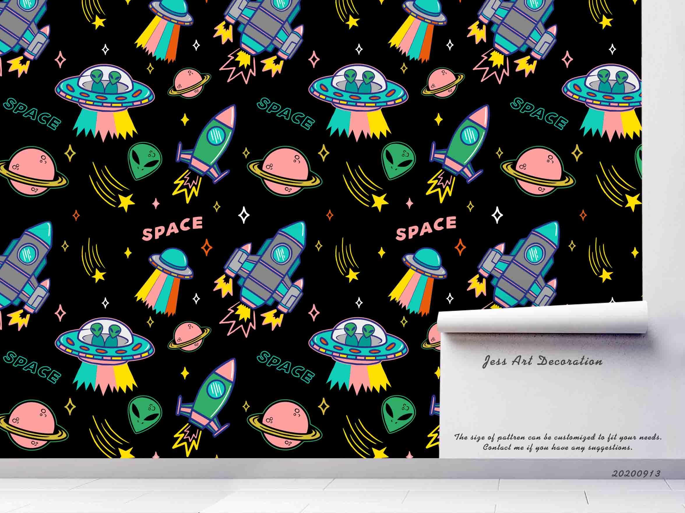 3D UFO Cartoon Space Alien Rocket Planet Wall Mural Wallpaper LXL- Jess Art Decoration