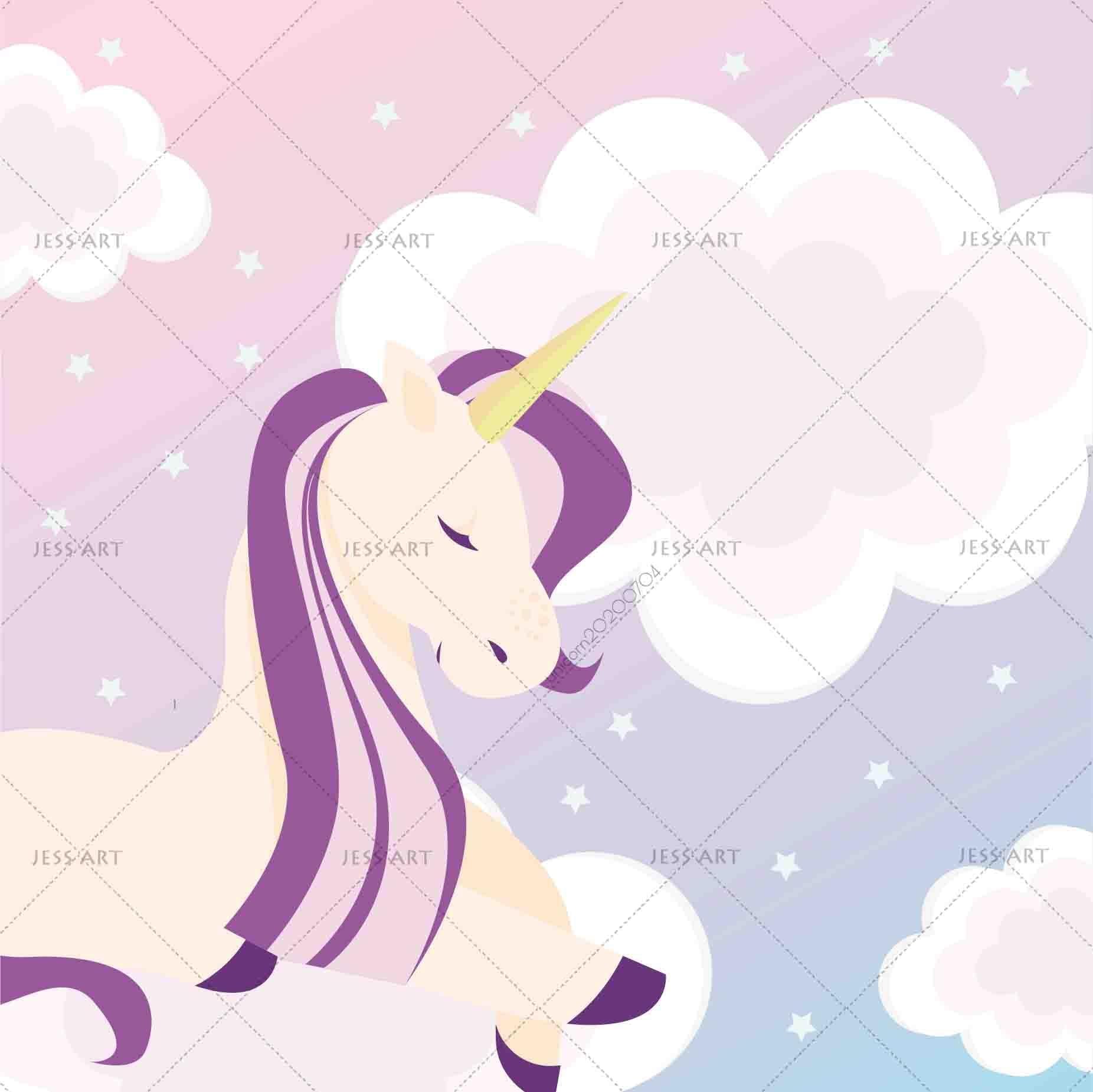 3D Cartoon Unicorn Purple Sky Clouds Wall Mural Wallpaper A029 LQH- Jess Art Decoration