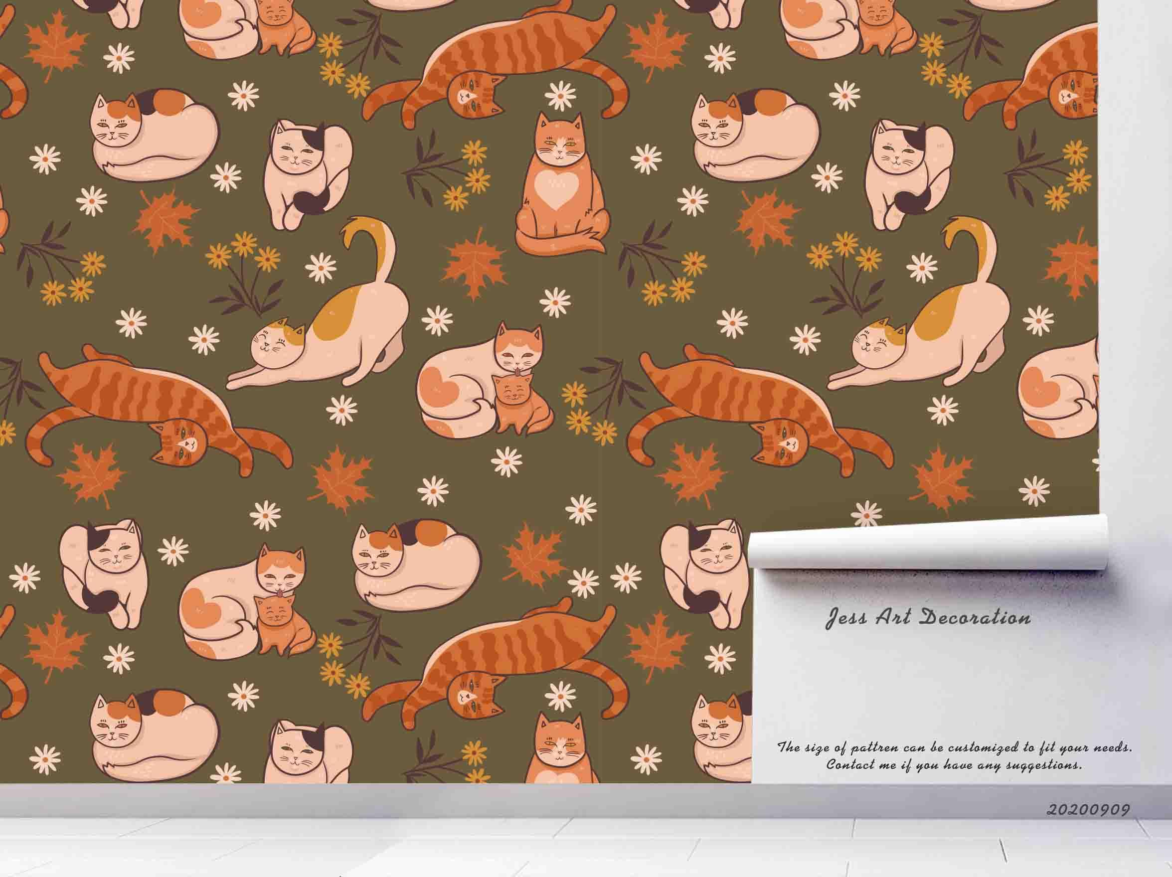 3D Cartoon Maple Leaves Colorful Cat Animal Wall Mural Wallpaper LXL- Jess Art Decoration