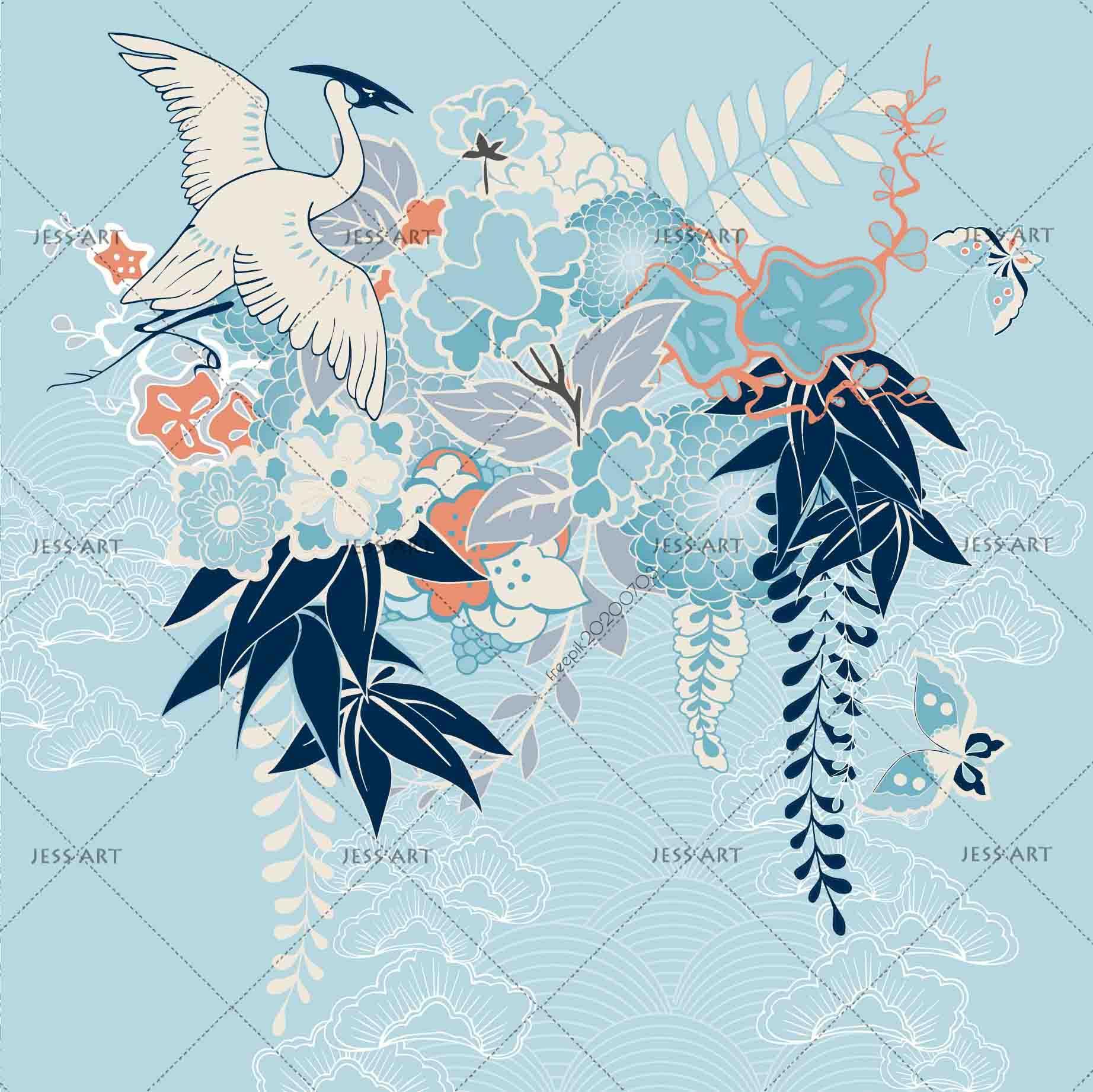 3D Blue Floral Crane Wall Mural Wallpaper SF55- Jess Art Decoration