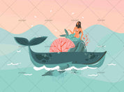 3D Cartoon Shark Mermaid Wall Mural Wallpaper SF 44- Jess Art Decoration