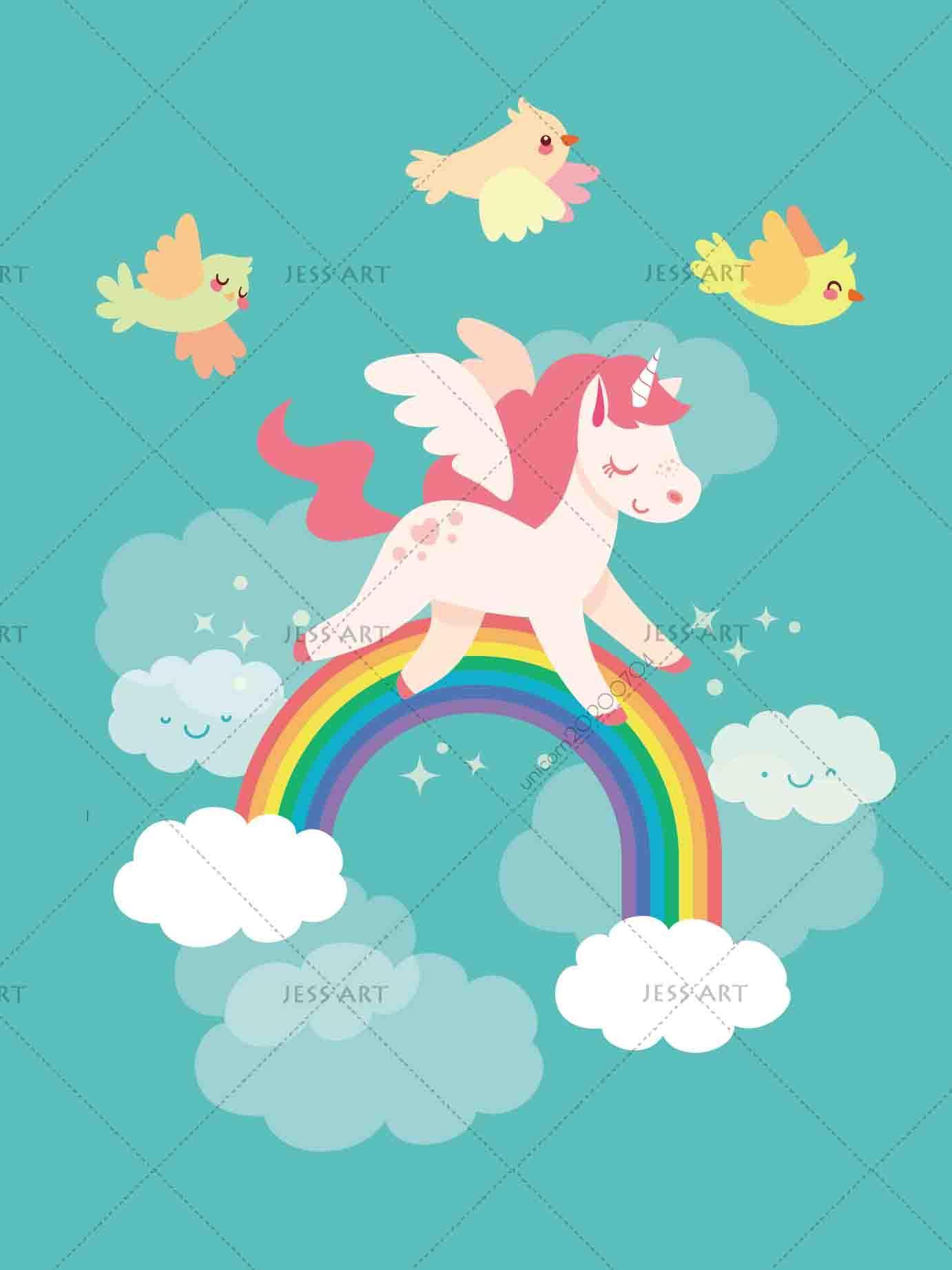 3D Cartoon Unicorn Rainbow Bird Green Wall Mural Wallpaper A019 LQH- Jess Art Decoration