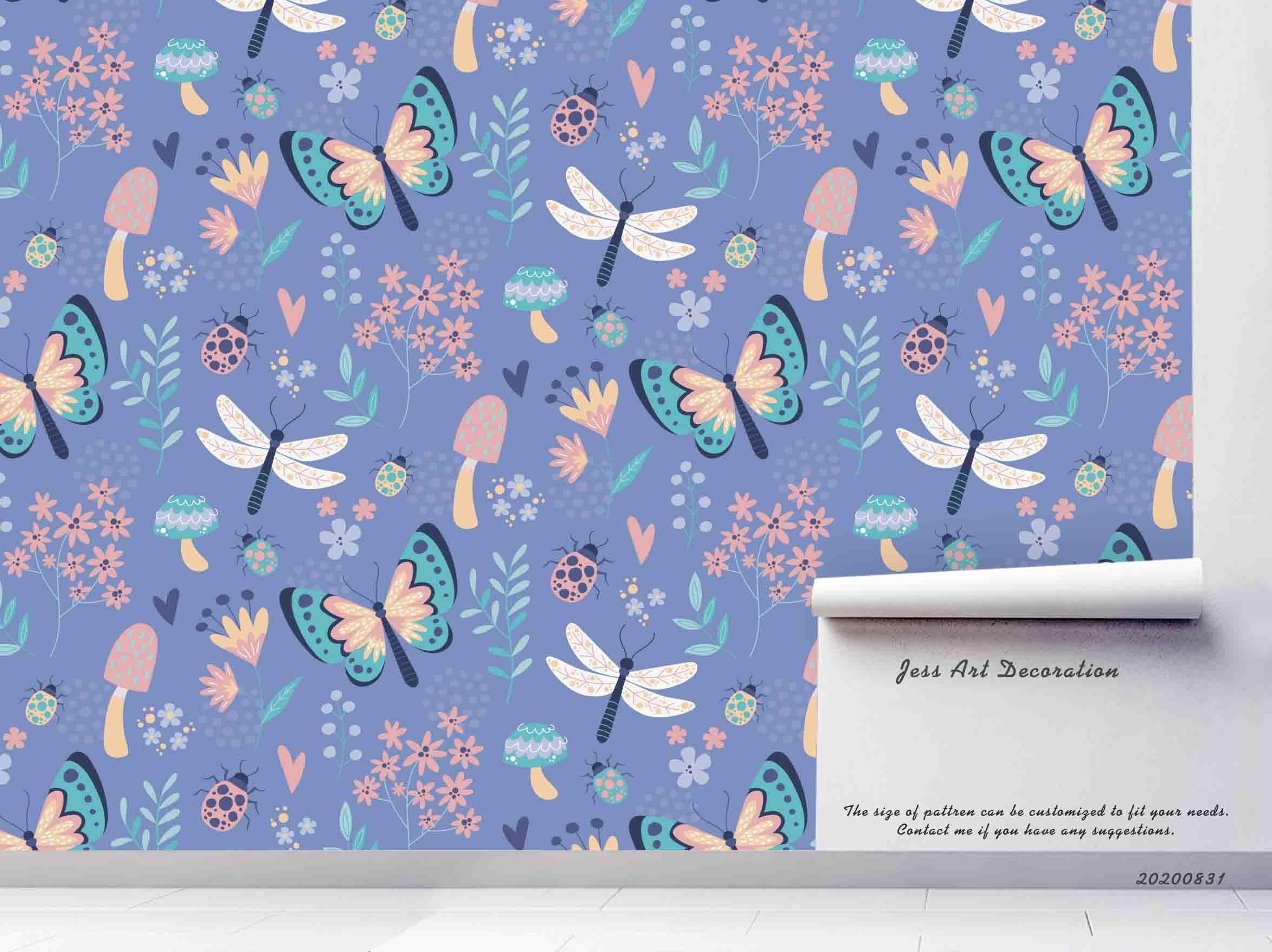 3D Hand Sketching Butterfly Dragonfly Floral Insect Wall Mural Wallpaper LXL 1425- Jess Art Decoration