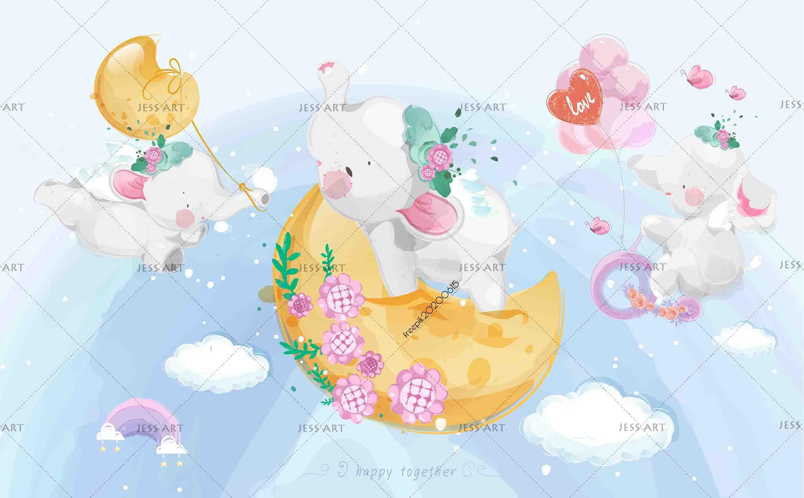 3D Cute Cartoon Elephant Moon Wall Mural Wallpaper A021 LQH- Jess Art Decoration
