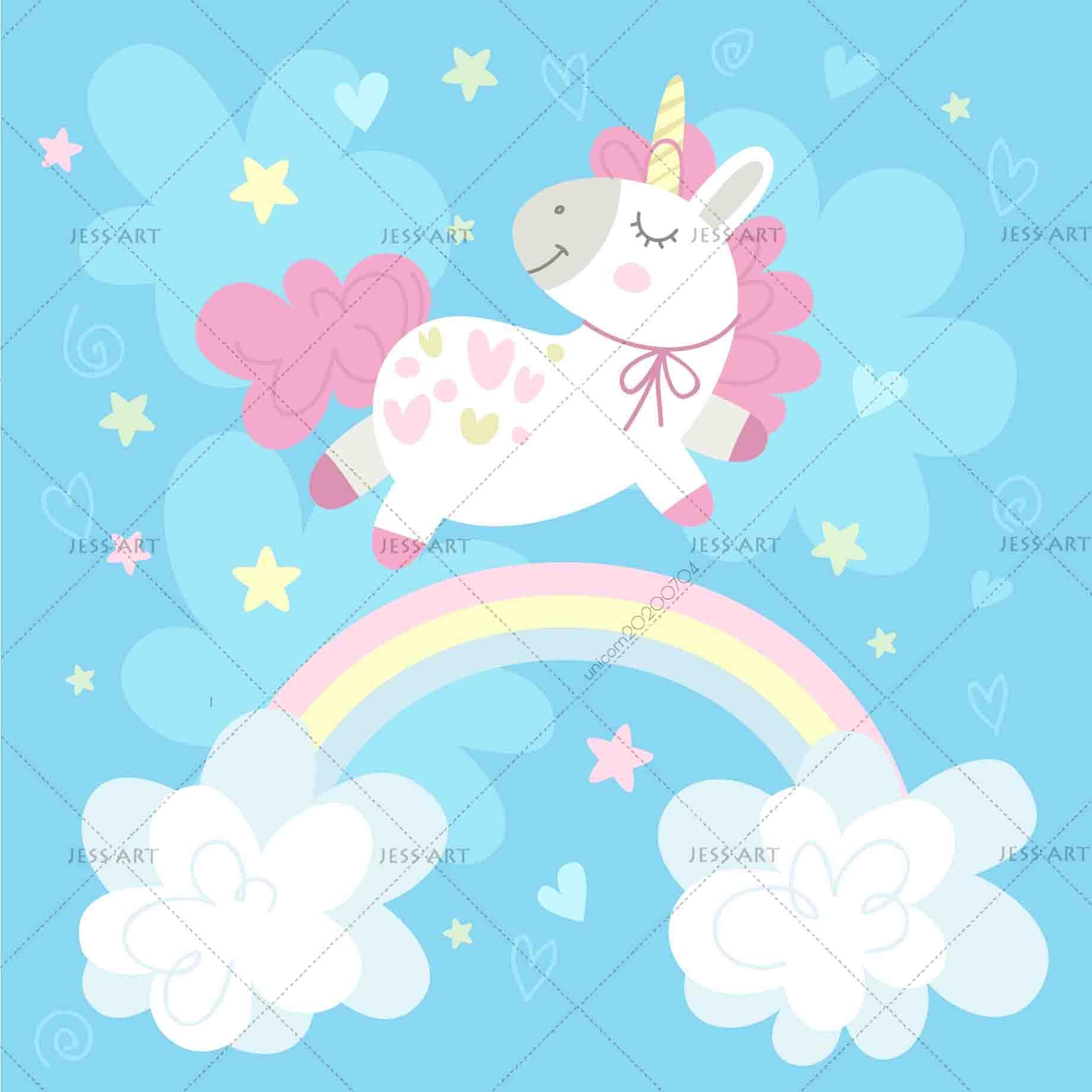 3D Cartoon Unicorn Rainbow Blue Flowers Wall Mural Wallpaper A016 LQH- Jess Art Decoration