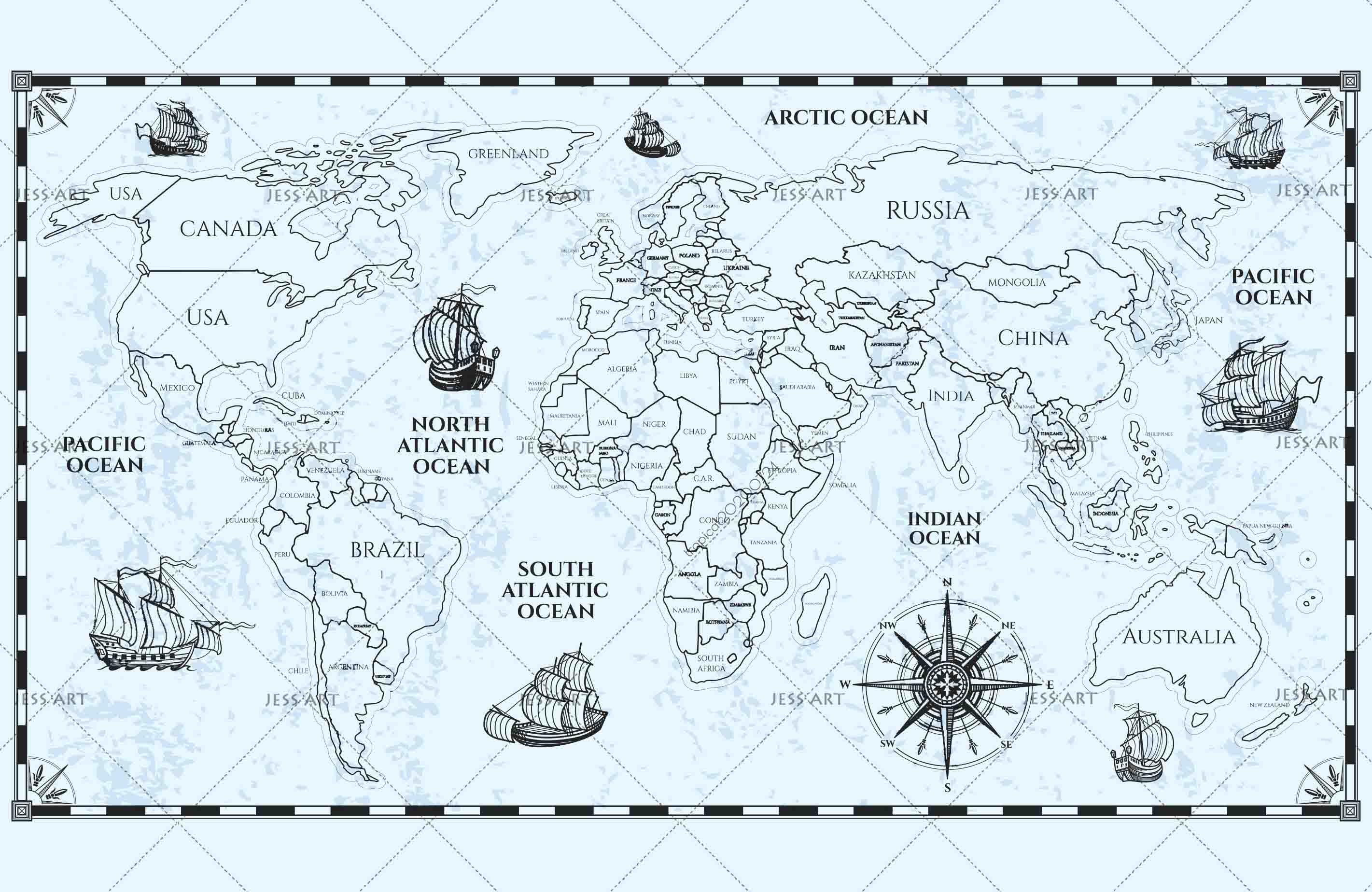 3D World Map Nautical Compass Blue Wall Mural Wallpaper LXL 485- Jess Art Decoration