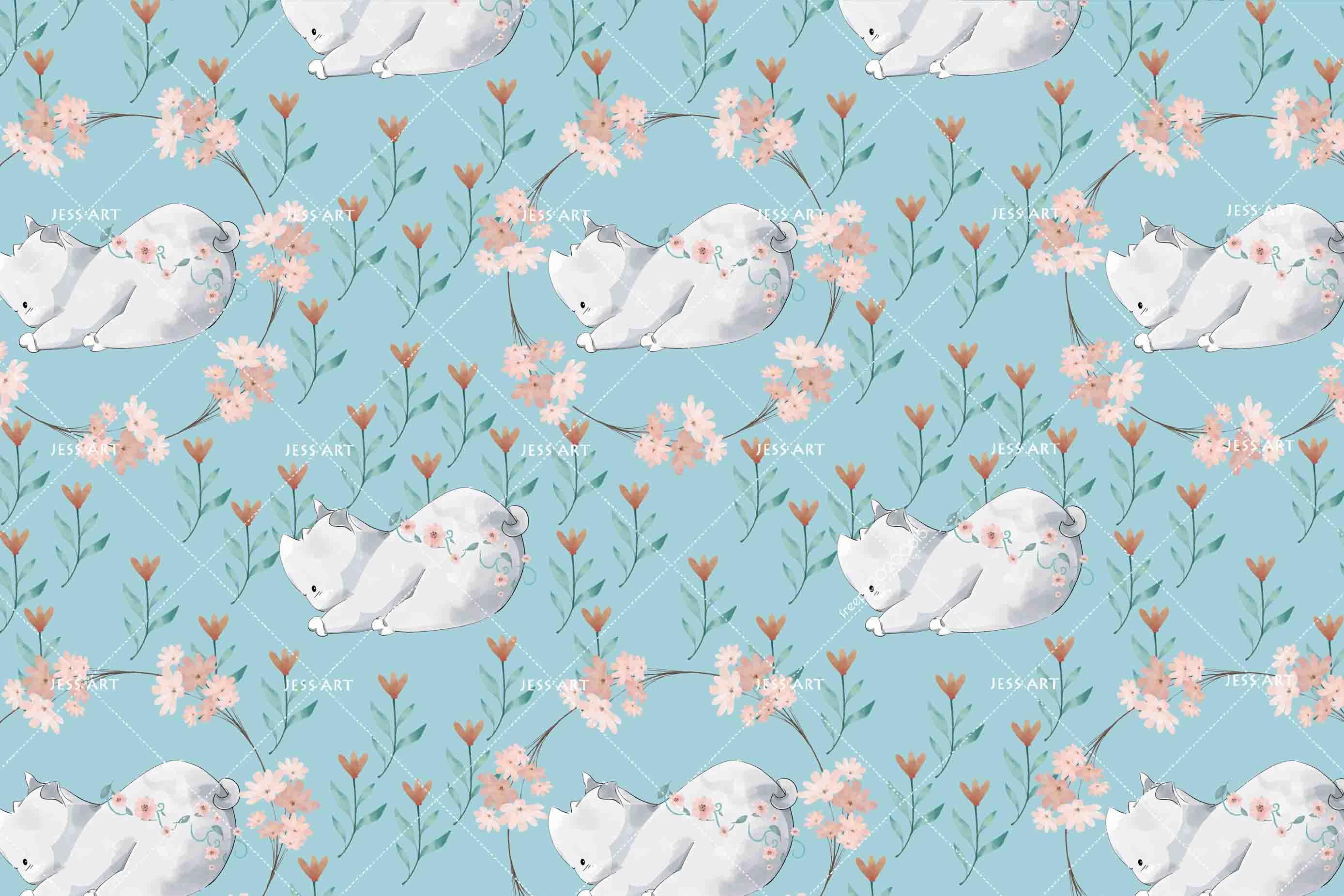 3D White Cat Flower Pattern Wall Mural Wallpaper A92 LQH- Jess Art Decoration