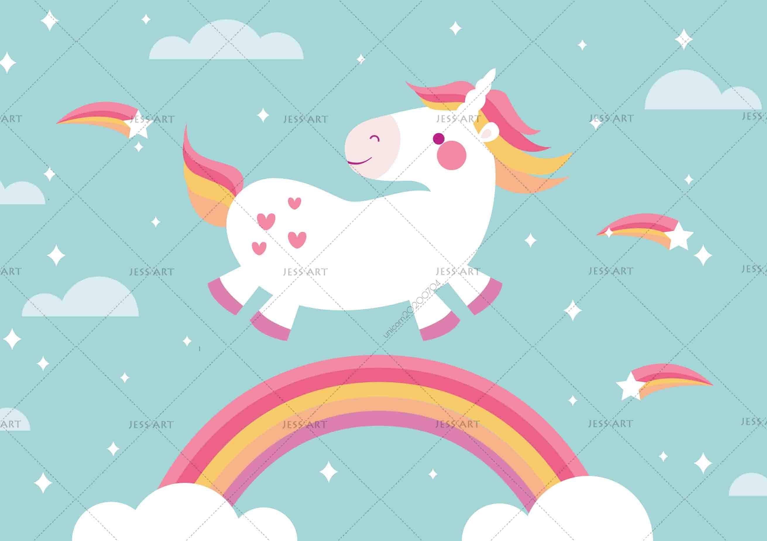 3D Cartoon Unicorn Green Sky Rainbow Wall Mural Wallpaper A037 LQH- Jess Art Decoration