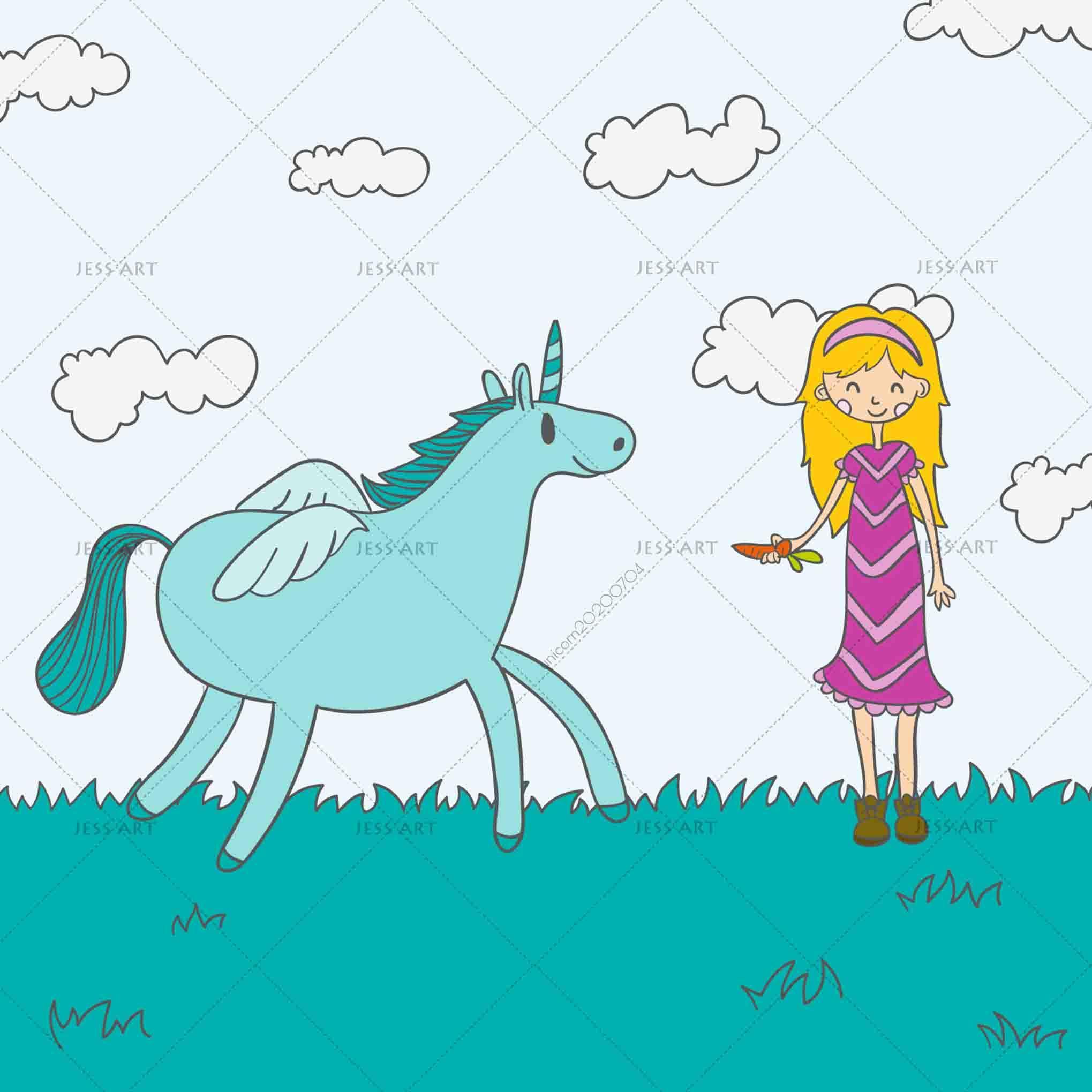 3D Cartoon Girl Feeding Green Unicorn Wall Mural Wallpaper LXL 169- Jess Art Decoration