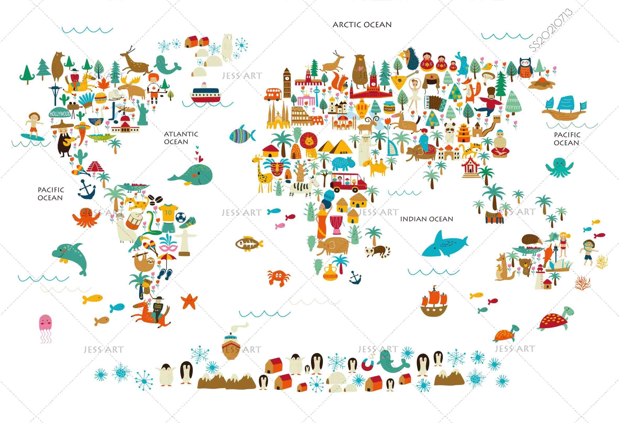 3D Cartoon World Map Animals Wall Mural Wallpaper LQH 200- Jess Art Decoration
