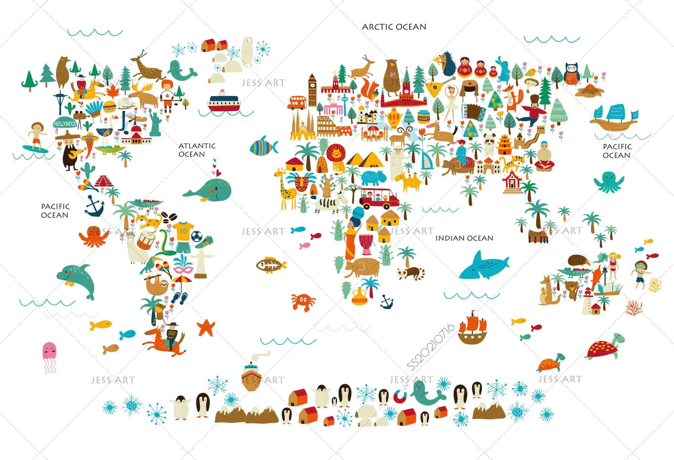 3D Cartoon World Map Animals Wall Mural Wallpaper LQH 19- Jess Art Decoration