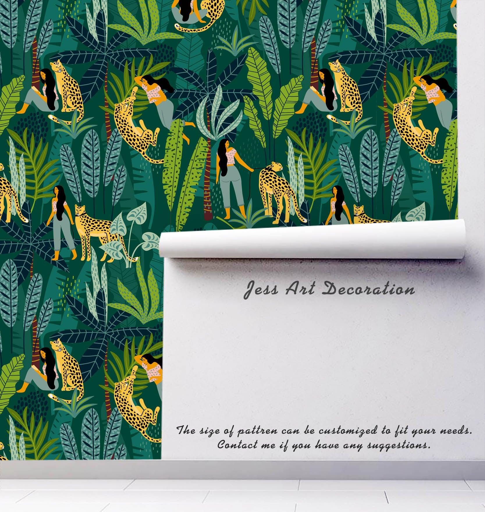 3D Leopard Green Leaf Woman Wall Mural Wallpaper 35- Jess Art Decoration