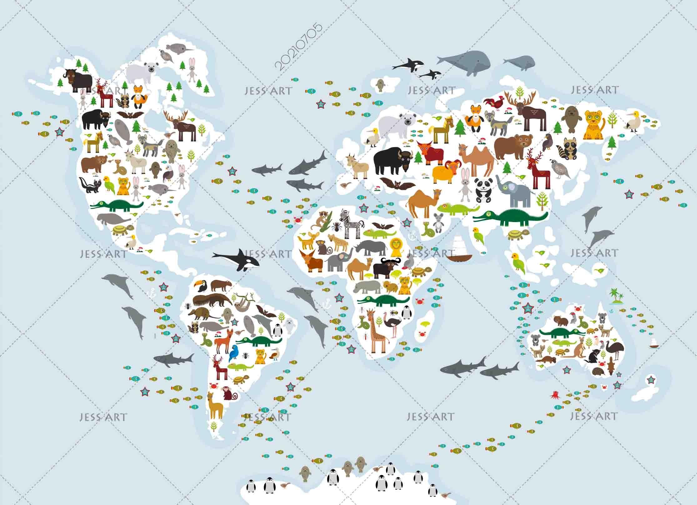 3D Cartoon World Map Animals Wall Mural Wallpaper LQH 92- Jess Art Decoration