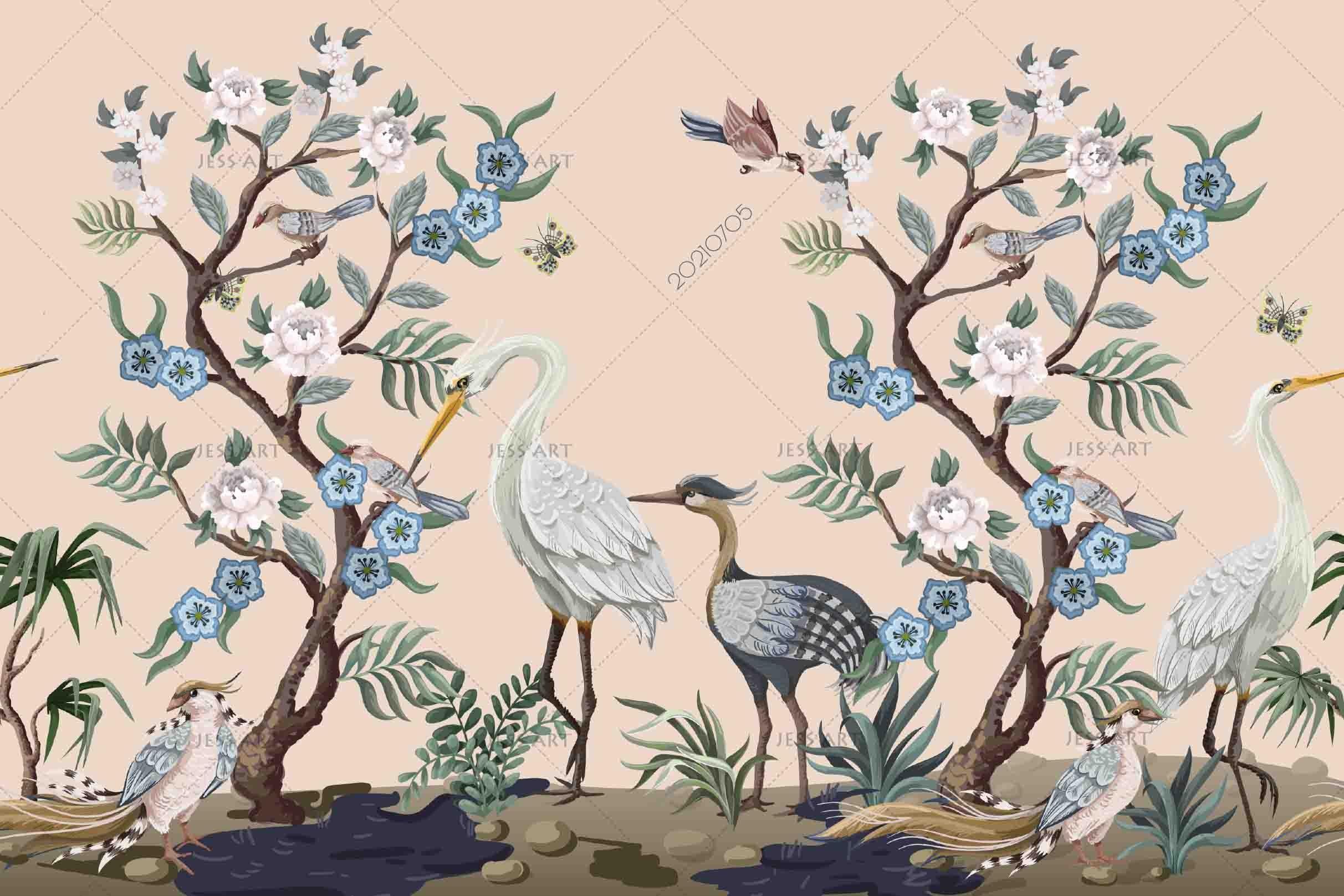 3D Hand Drawn Floral Tree Crane Wall Mural Wallpaper LQH 125- Jess Art Decoration