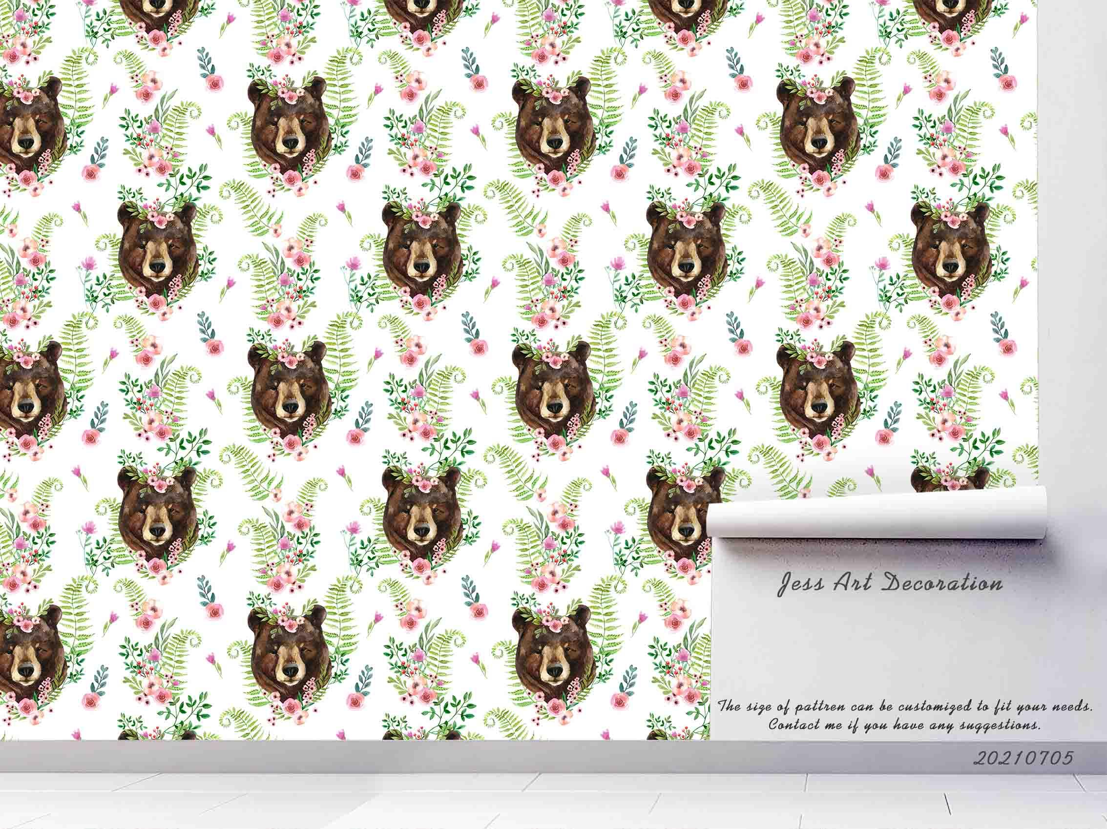 3D Hand Drawn Bear Floral Leaf Wall Mural Wallpaper LQH 140- Jess Art Decoration