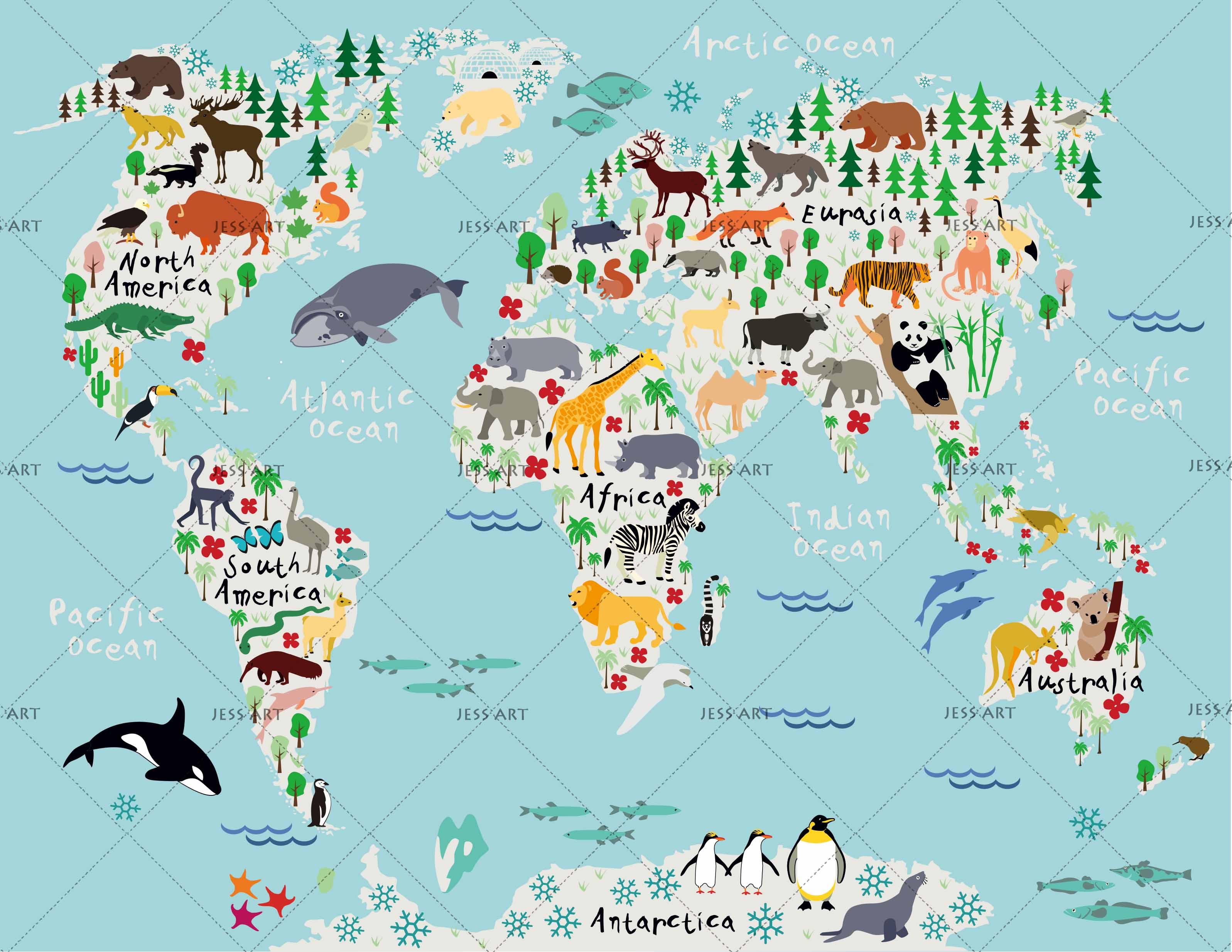 3D Color Cartoon Animal World Map Wall Mural Wallpaper  3- Jess Art Decoration
