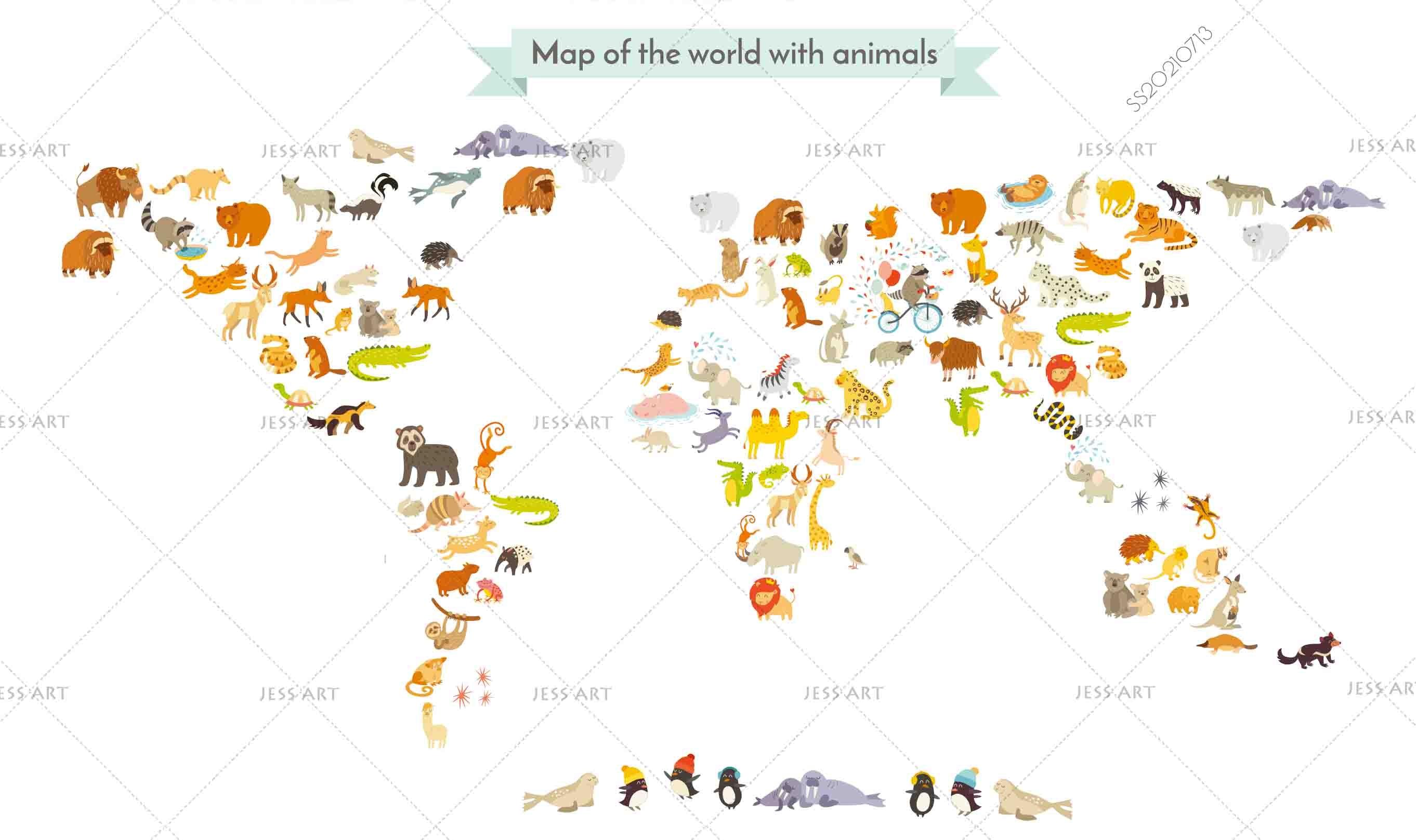 3D Hand Drawn World Map Animals Wall Mural Wallpaper LQH 152- Jess Art Decoration