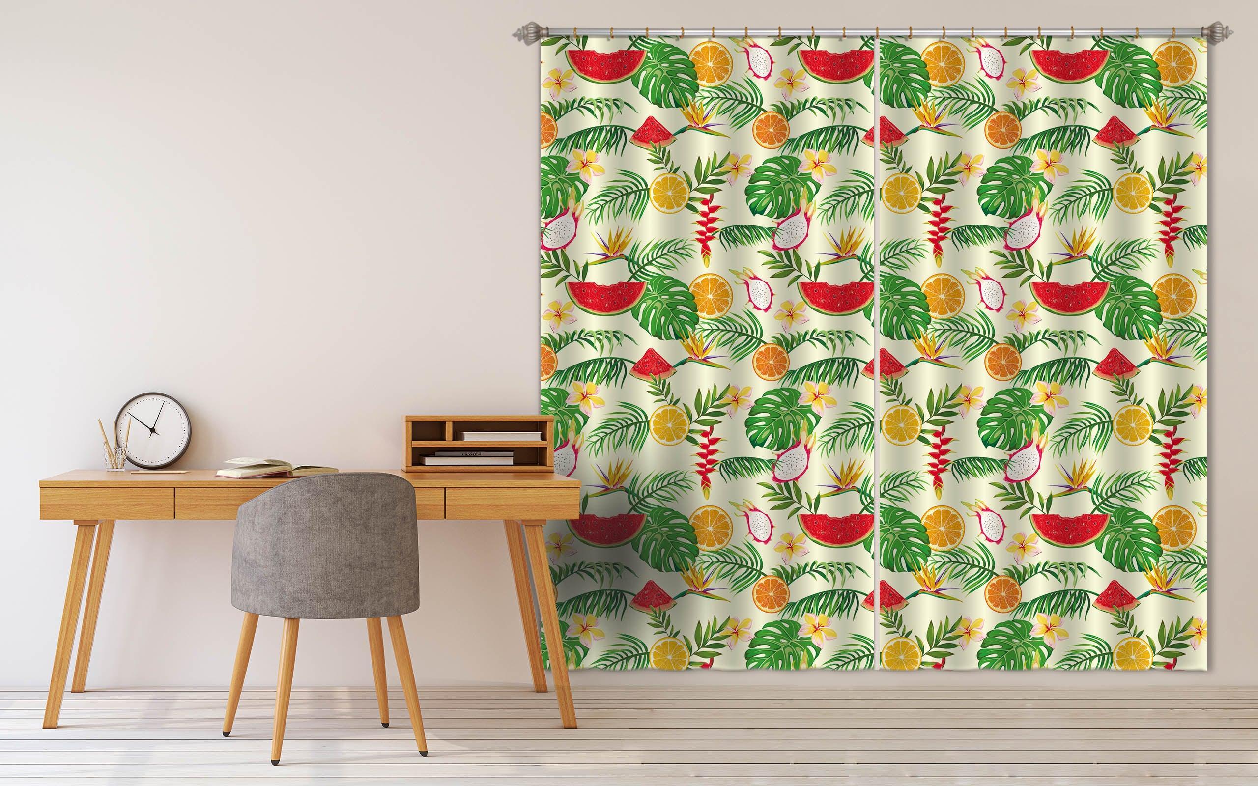 3D Green Tropical Leaves Color Fruits Watermelon Orange  Pitaya Curtains and Drapes 195- Jess Art Decoration