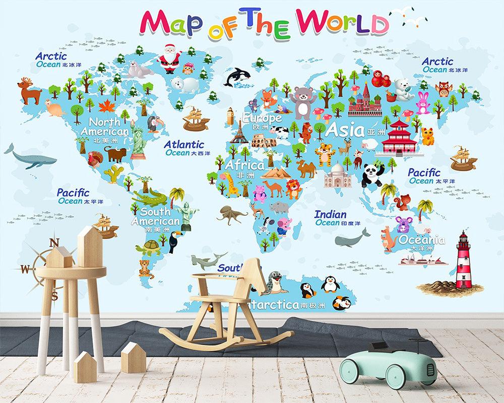 3D color cartoon world map wall mural wallpaper 173- Jess Art Decoration