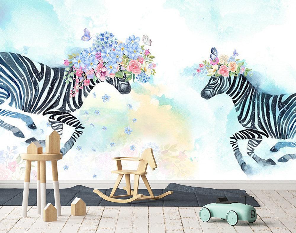 3D zebra colorful flowers watercolors wall mural wallpaper 233- Jess Art Decoration