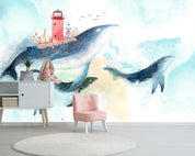 3D whales lighthouses watercolors wall mural wallpaper 232- Jess Art Decoration