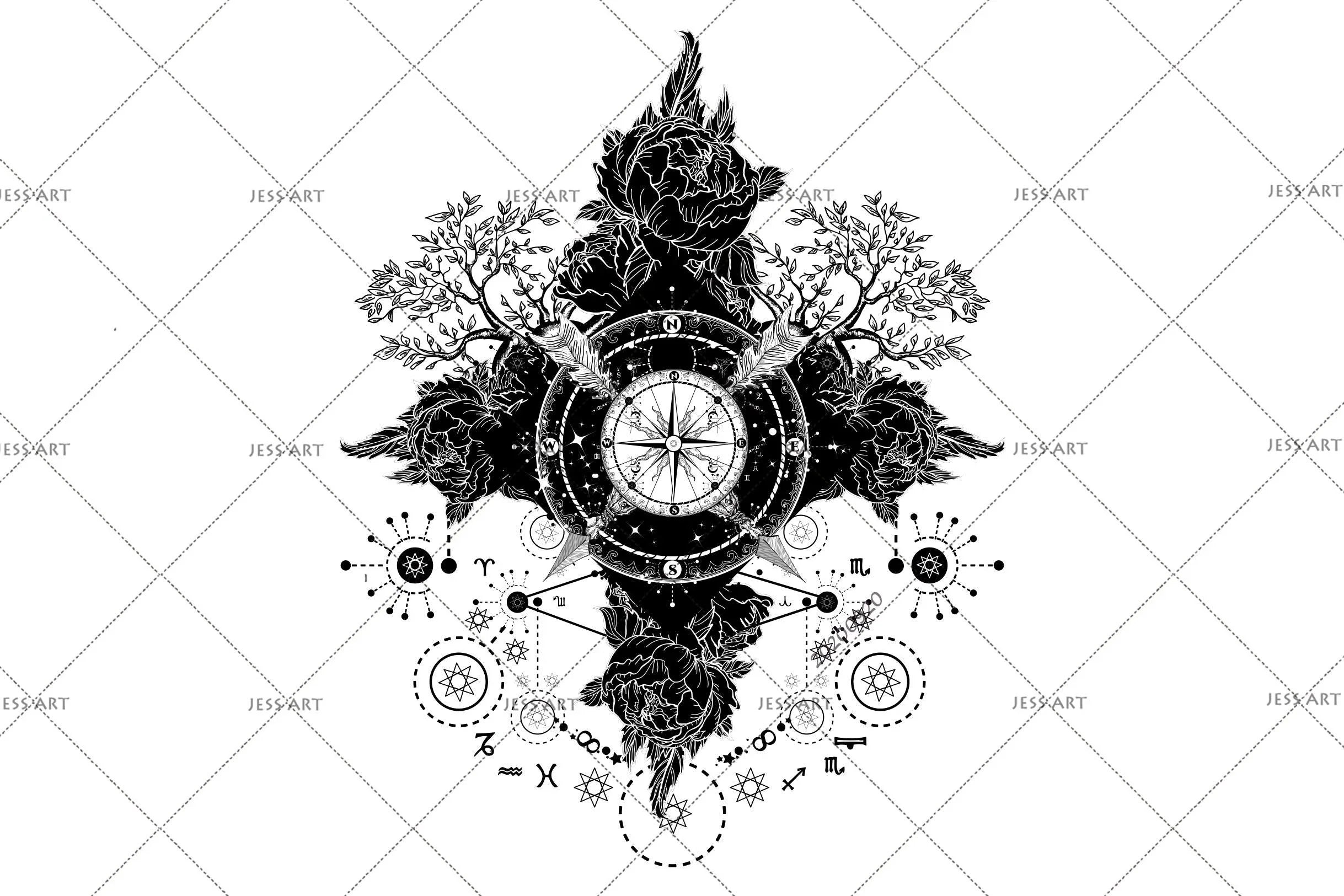 3D Tattoo Compass Arrows Roses Wall Mural Wallpaper WJ 3067- Jess Art Decoration