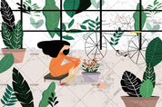 3D Hand Sketching Orange Girl Green Leaves Plant Wall Mural Wallpaper LXL 1072- Jess Art Decoration