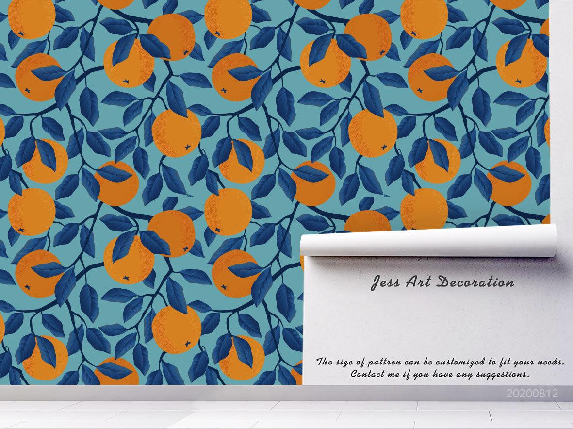 3D Hand Sketching Orange Leaves Plant Blue Wall Mural Wallpaper LXL 1078- Jess Art Decoration