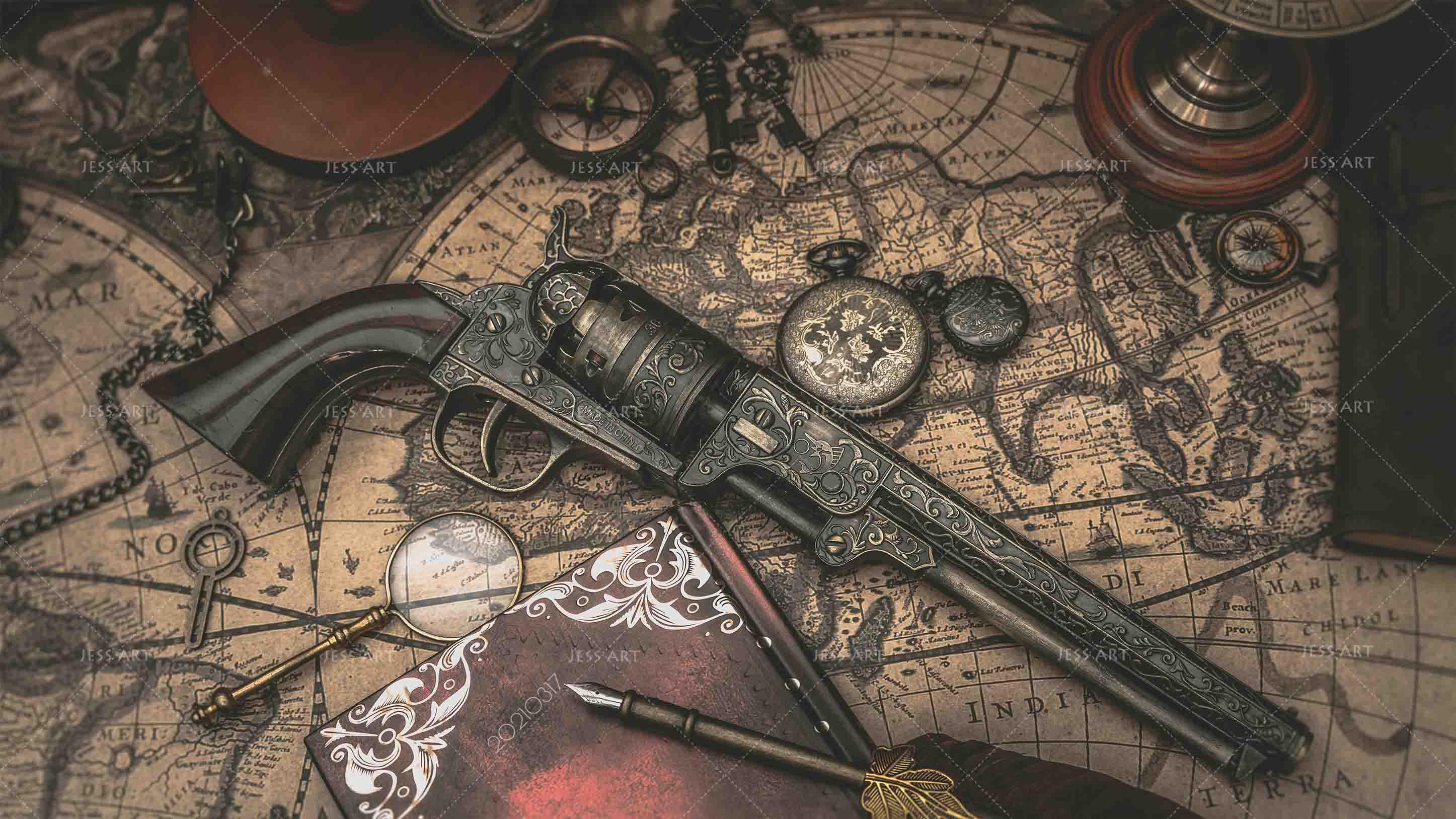 3D Map Pistol Pocket Watch Wall Mural Wallpaper LQH 429- Jess Art Decoration