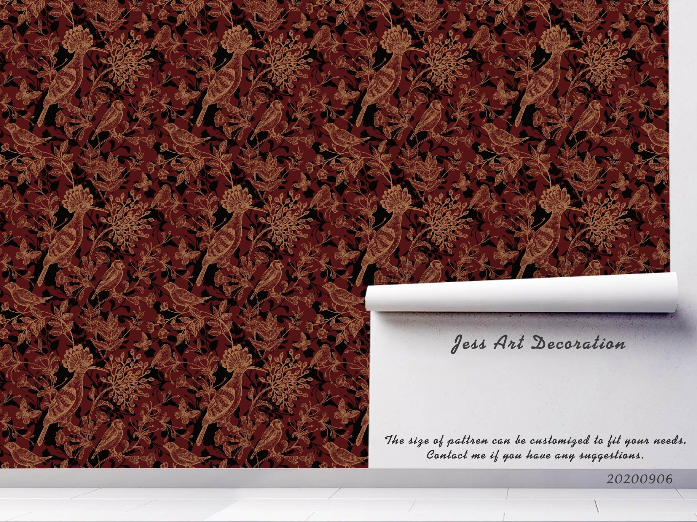 Vintage Bird Red Floral Leaves Plant Pattern Wall Mural Wallpaper LXL- Jess Art Decoration