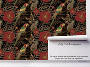 Vinatge Parrot Red Floral Leaves Plant Pattern Black Wall Mural Wallpaper LXL- Jess Art Decoration