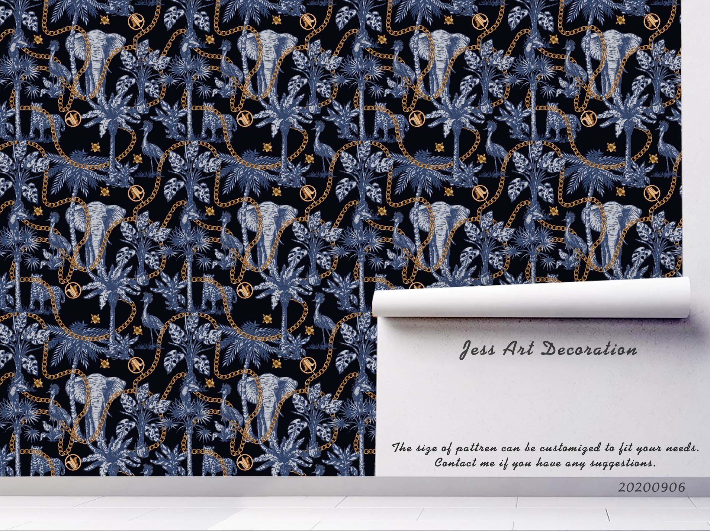 Vintage Blue Elephant Animal Palm Tree Plant Pattern Wall Mural Wallpaper LXL- Jess Art Decoration