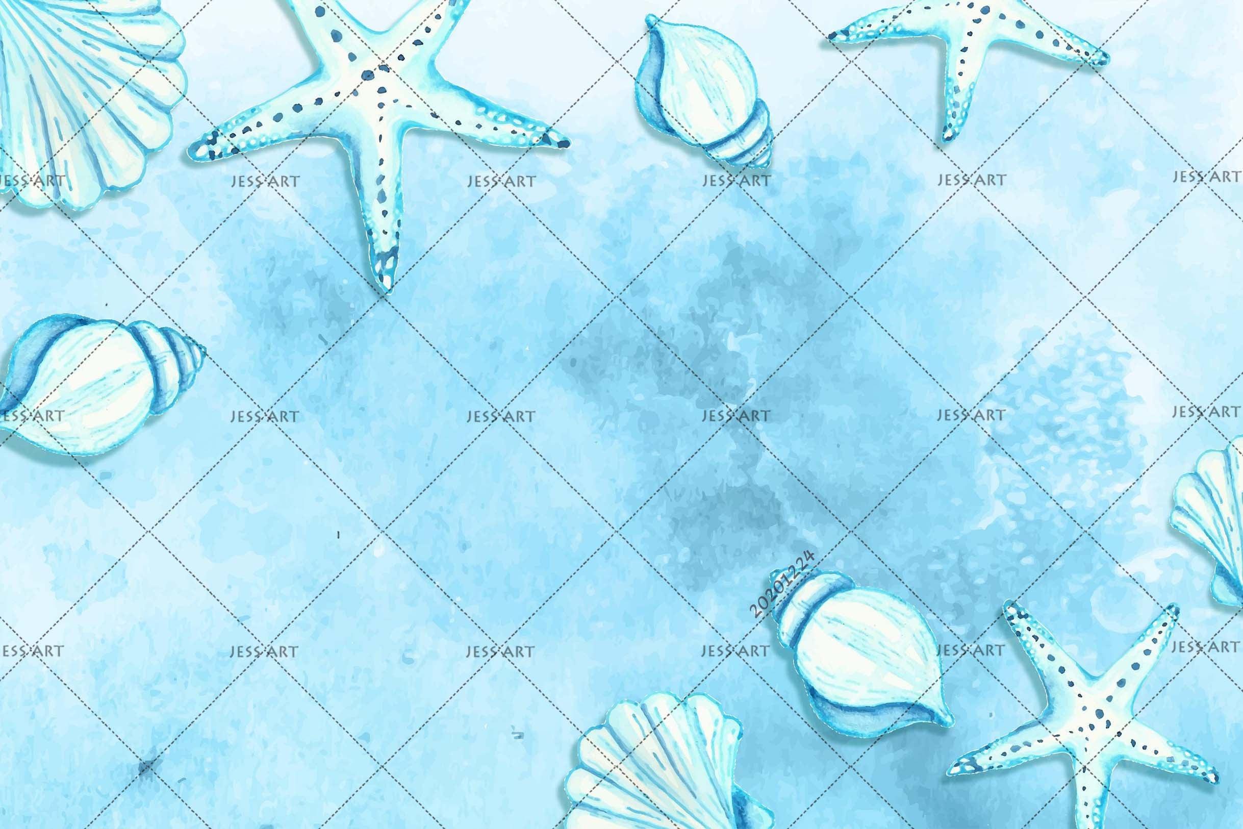 3D Watercolor Blue Starfish Shell Wall Mural Wallpaper LQH 4- Jess Art Decoration