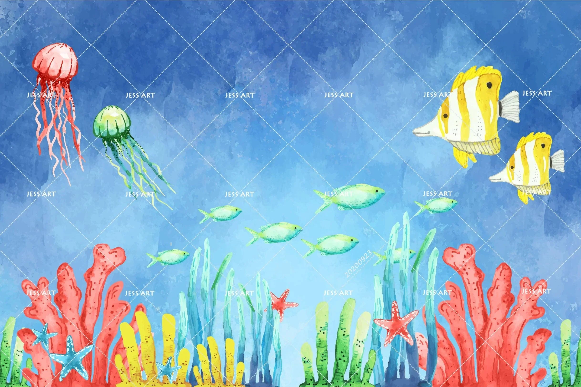 3D Watercolor Ocean World Fishes Wall Mural Wallpaper WJ 3132- Jess Art Decoration