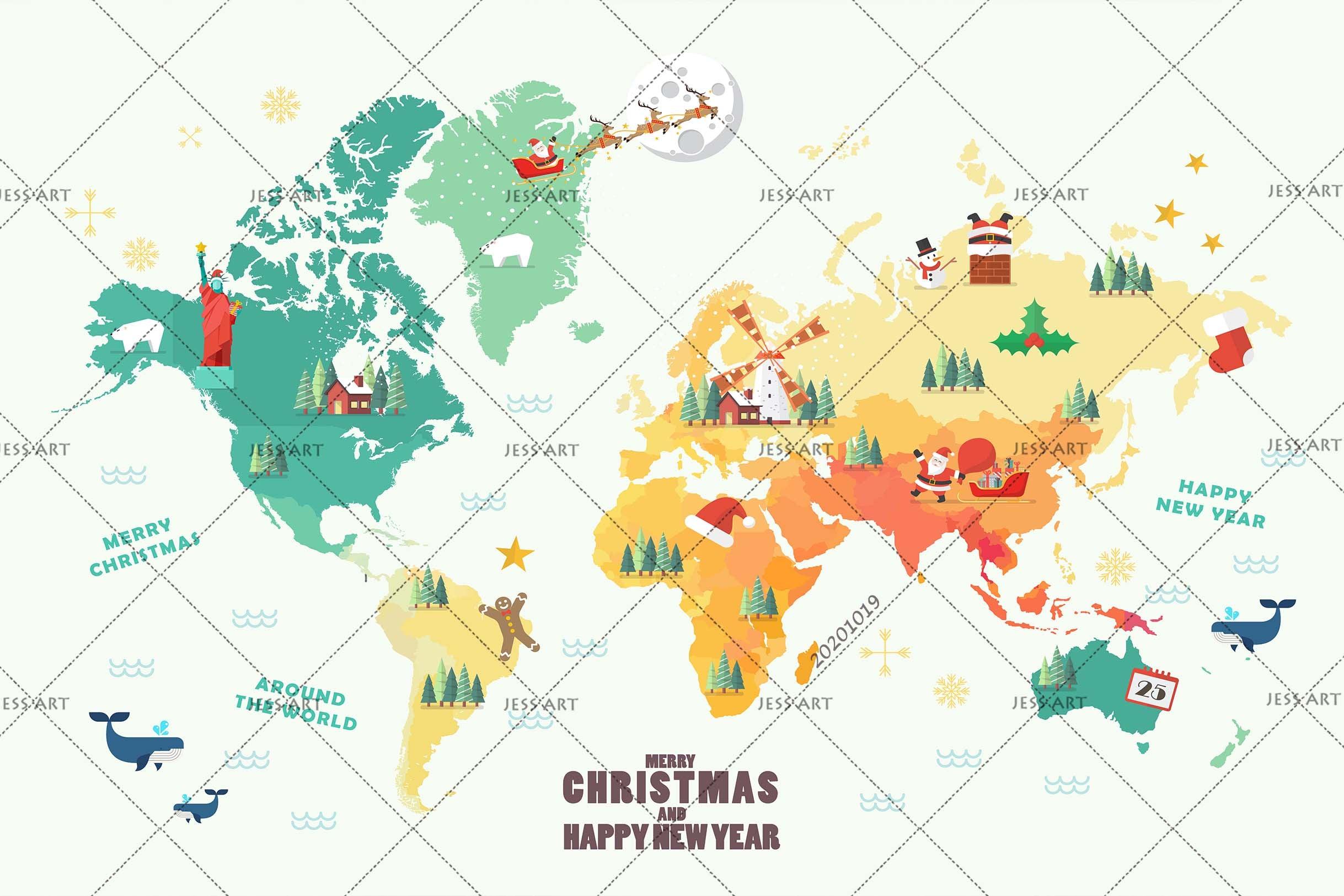 3D Watercolor World Map Christmas Mural Wallpaper WJ 9502- Jess Art Decoration